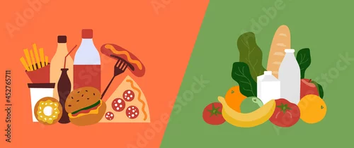 Fototapeta Fast unhealthy food vs healthy nutrition. Good and bad choice of products. Bad junk fastfood and good organic food. Comparison greasy unhealthy habits eating and fresh health diet. Vector illustration