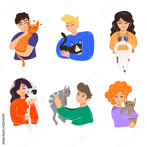 Set of people hugging their cats. Cartoon vector illustration. Men and women cuddling and caring about animals, owners holding furry pets on shoulders. Family, love, animal, pet concept for design