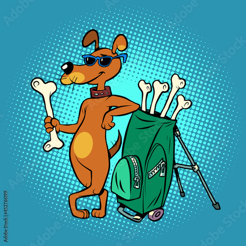 Pets friendly golf club, cute dog character with bone clubs