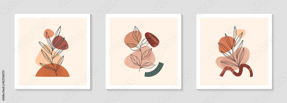 Modern abstract vector illustrations with organic various shapes and foliage line art.Boho watercolor wall art decor.Trendy designs perfect for banners;social media,invitations,covers,wallpaper.