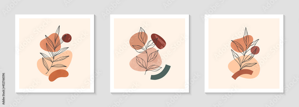 Modern abstract vector illustrations with organic various shapes and foliage line art.Boho watercolor wall art decor.Trendy designs perfect for banners;social media,invitations,covers,wallpaper.