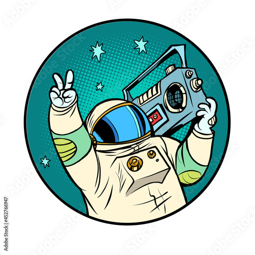 astronaut with a boombox, disco retro music, portable audio