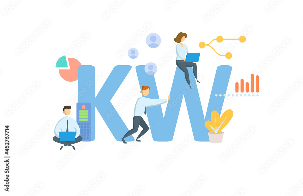 KW, Kilowat. Concept with keyword, people and icons. Flat vector illustration. Isolated on white.