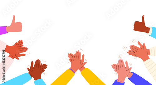 Flat vector cartoon illustration of hands clapping, thumbs raised up. Applause and congratulations on the successful work.