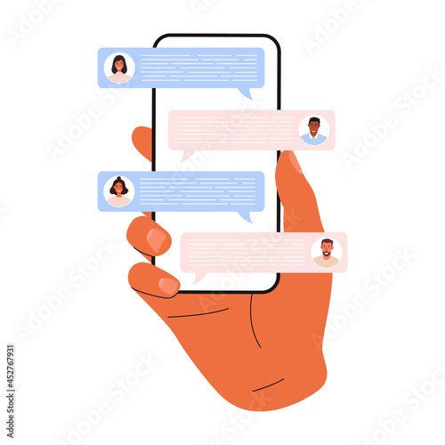 A flat vector cartoon illustration of a hand holding a phone with a lot of messages from different people on the screen. Chatting with friends. The concept of group chat and social networks.