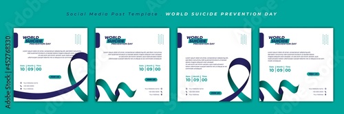 World Suicide Prevention Day with ribbon design. Set of social media template with white, green and purple design.