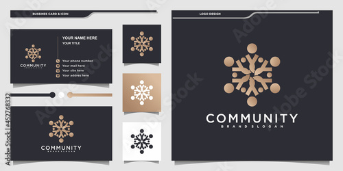 Abstrack community logo design with gold gradeints colour and business card Premium vektor