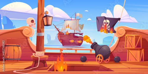 Valokuva Pirate ship battle, wooden brigantine boat deck onboard view with cannon fire to