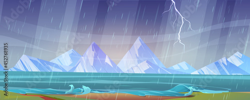 Thunderstorm landscape with river shore, wind, rain, mountains on horizon and lightning in sky. Vector cartoon illustration of storm weather on lake coast with water waves and grass