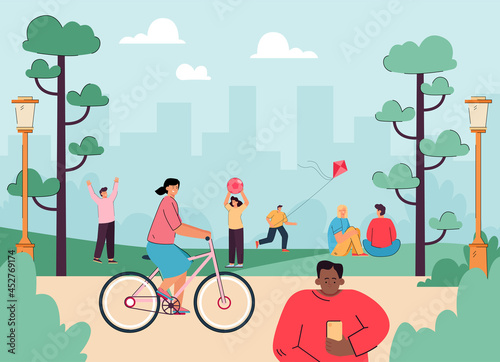 Cartoon kids having fun in park or playground. Children playing outside, summer camp or kindergarten flat vector illustration. Outdoor activity, childhood concept for banner or landing web page