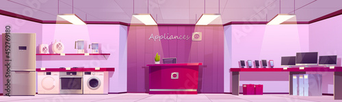 Home appliances store with household equipment and counter with cashbox. Vector cartoon interior of empty shop with computers, refrigerator, washing machine, stove, mobile phones and blenders