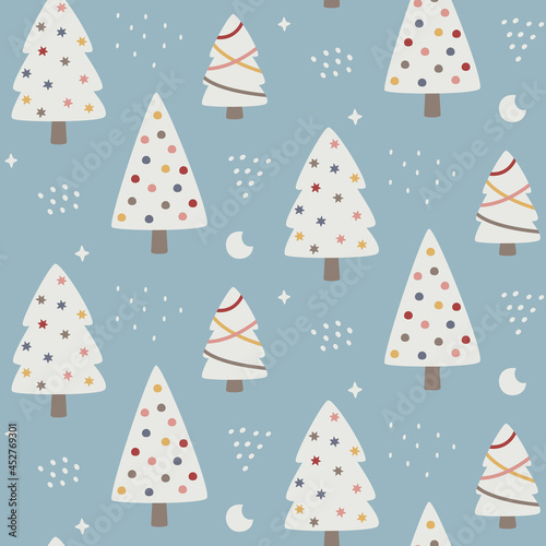 Christmas cute winter forest vector seamless pattern with Christmas trees, moon, graphic elements in trendy modern styleChristmas cute winter forest vector seamless pattern with Christmas trees, moon