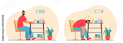 Male cartoon office worker with high and low battery. Positive and tired person sitting at desk with laptop flat vector illustration. Burnout syndrome, mental health concept for banner or landing page