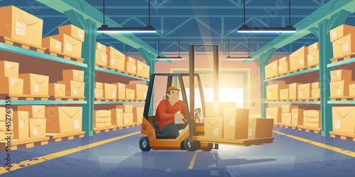 Worker in forklift in warehouse with cardboard boxes on shelves. Vector cartoon storage room interior with open shutter doors, goods on metal racks and lift truck with driver