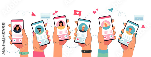 Hands holding phone with dating app. Young people liking profiles in online application flat vector illustration. Relationship, love, technology, romance concept for website design or landing web page