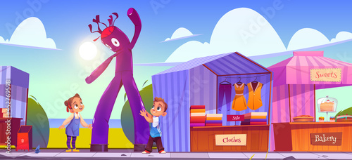 Kids on fair with inflatable tube man and stalls with clothes and bakery. Vector cartoon illustration of street market with kiosks, air dancer and happy children