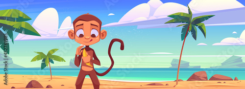 Cute monkey with banana on sea beach with palm trees. Vector cartoon illustration of summer landscape of tropical island with sand ocean shore, stones and funny ape