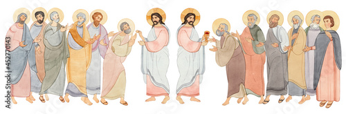 Watercolor illustration of the Sacrament. Jesus Christ gives wine and bread to the apostles, isolated on a white background. For Christian publications, prints, website design, and Bible magazines.