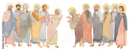 Obraz na plátně Watercolor illustration of the meeting of holy people, the apostles