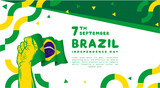 Banner illustration of Brazil independence day celebration. Waving flag and hands clenched. Vector illustration.