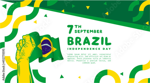 Banner illustration of Brazil independence day celebration. Waving flag and hands clenched. Vector illustration.