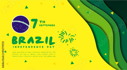 Banner illustration of Brazil independence day celebration. Waving flag and hands clenched. Vector illustration.