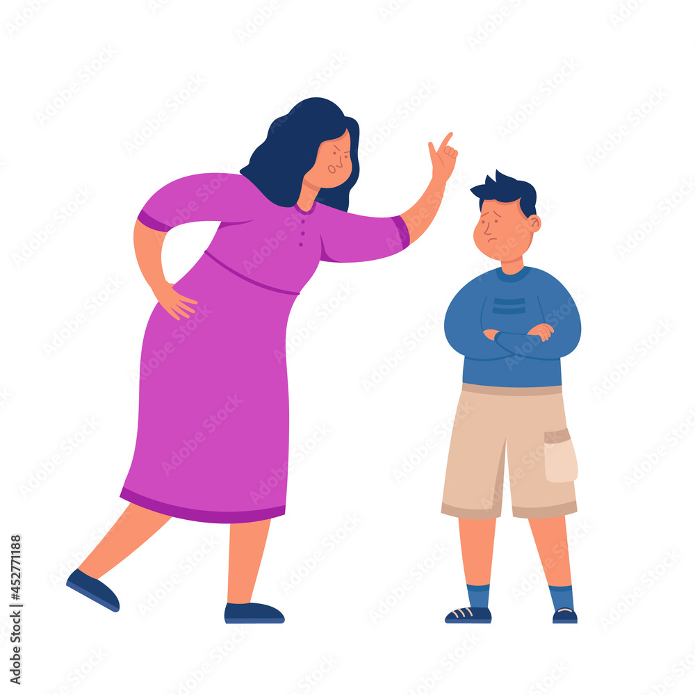 Angry mother screaming at naughty son. Flat vector illustration ...