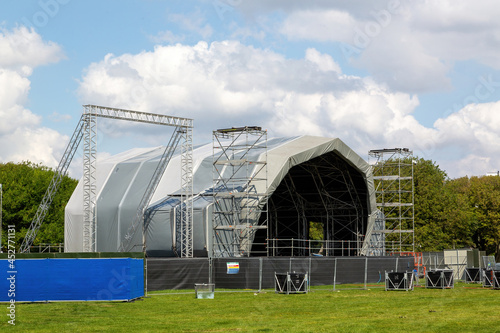 An Outdoor music festival stage being built for the Victorious festival in South UK