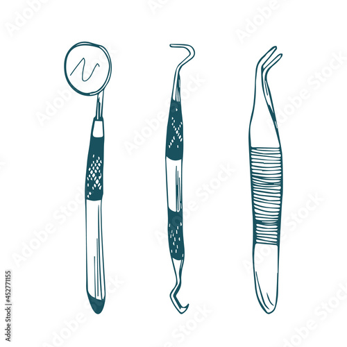 Set for Dentistry Inspection on a Doodle hand draw style. Professional Dental Oral Care Stainless Steel Tools.