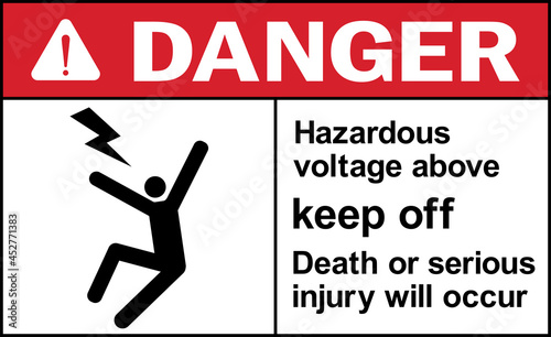 Hazardous voltage above keep off. Death or serious injury may occur danger sign. Electrical safety signs and symbols.
