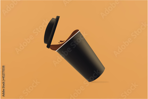 the spilled coffee drink made the lid fall off the cup. realistic vector