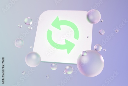 3D Green reverse, cycle icon on purple background with bubbles