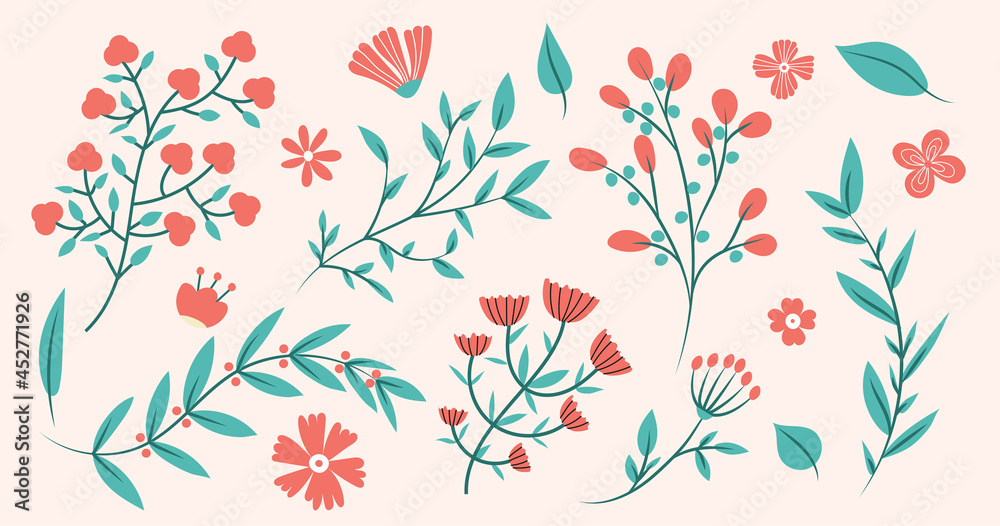 Floral branches simple elements collection. Botany flat isolated set. Different flowers and leaves in trendy flat design.
