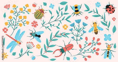 Meadow insects and floral branches trendy flat illustration. Beetles  flowers and leaves banner design. Summer  spring wildlife background.