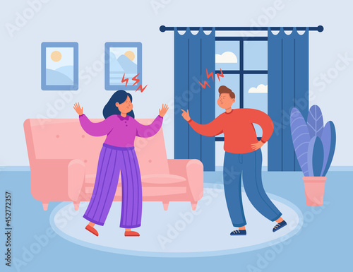 Young man and woman arguing at home. Flat vector illustration. Cartoon couple having family problems, angry wife and husband sorting out relationship. Family, conflict, abuse, divorce concept