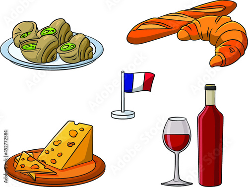 Cartoon vector illustration of a French foods assortment