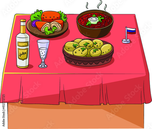 Cartoon vector illustration of a Russian foods assortment