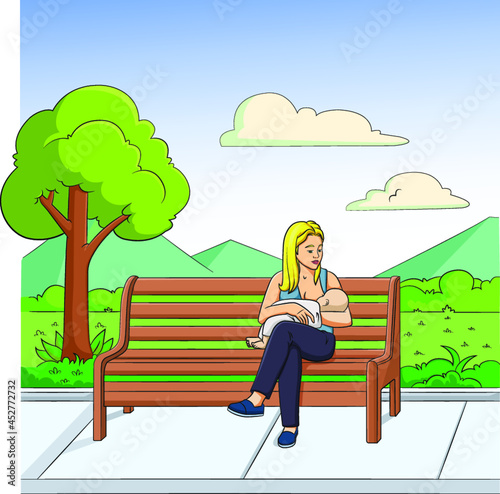 Cartoon vector illustration of a woman breastfeeding in public
