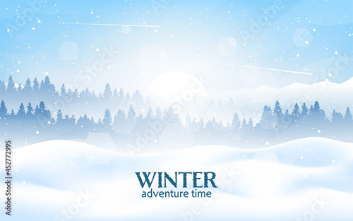 Winter landscape. Snowfall in the mountains. Travel concept of discovering, exploring, observing nature. Hiking tourism. Adventure. Minimalist polygonal flat design graphic poster. Vector illustration