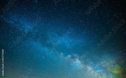 A beautiful panorama - the night sky and the milky way. Twinkling of distant stars. Beauty of nature. Majestic galaxy, space. Abstraction. Minimalism. There is no one in the photo. Space, astronomy.