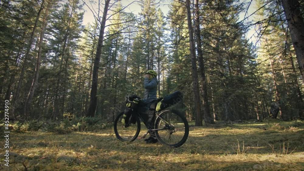 The woman travel on mixed terrain cycle touring with bike bikepacking outdoor. The traveler journey with bicycle bags. Stylish bikepacking, bike, sportswear in green black colors. Magic forest park. The woman travel on mixed terrain cycle touring with bike bikepacking outdoor. The traveler journey with bicycle bags. Stylish bikepacking, bike, sportswear in green black colors. Magic forest park.