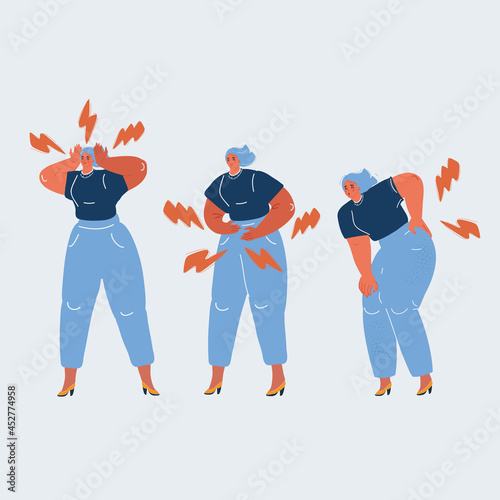 Vector illustration of woman with body pain in different part. Head, back, and stomack. Pms concept.