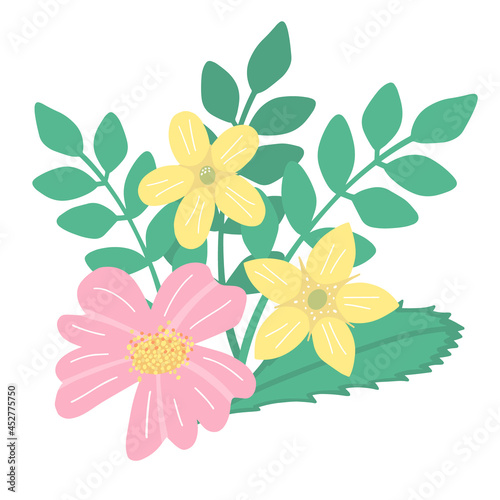 Colorful composition of vector flowers. Pink and yellow flowers composition. Herbarium of leaves and flowers. Vector composition for postcards or greeting cards. Isolated on white.