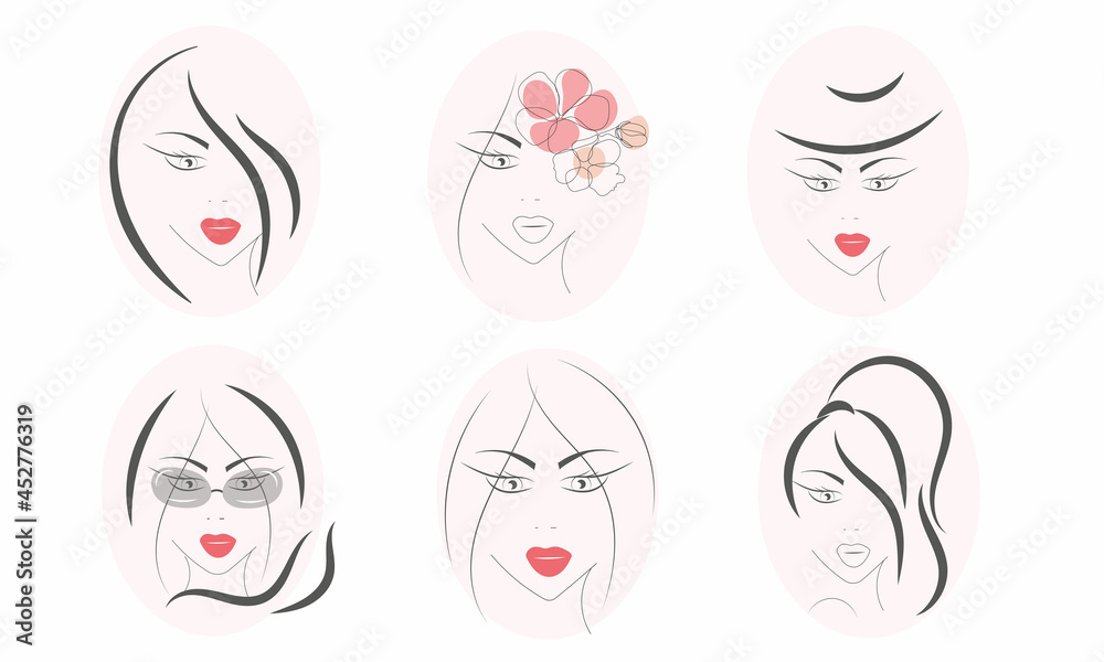 A set of beautiful young woman with long hair and red lips, flowers, hat and glasses. outline sketch vector illustration. Isolated on white A set of beautiful young woman with long hair and red lips, flowers, hat and glasses. outline sketch vector illustration. Isolated on white