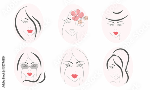 A set of beautiful young woman with long hair and red lips, flowers, hat and glasses. outline sketch vector illustration. Isolated on white