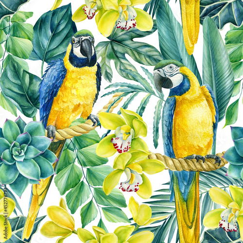 Bags Seamless pattern of tropical leaves, orchid flowers and macaw parrots, jungle  background, watercolor painting 