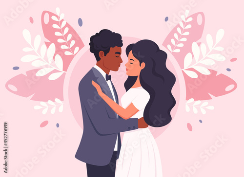 Wedding couple. Black man and woman getting married, newlyweds. Wedding portrait. Multicultural family. Vector illustration