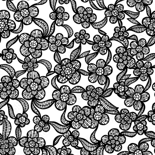 Black Flower Lace. Hand Drawn Seamless Pattern. Vector Illustration.