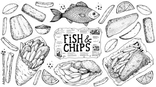 Fish and chips sketch vector illustration. British pub food. Hand drawn sketch. Cooking fish and chips. Engraved hand drawn vintage image. Menu design template.