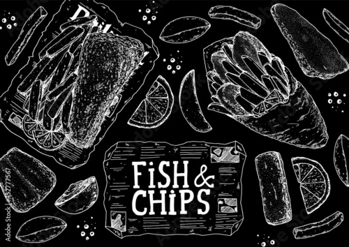 Fish and chips sketch vector illustration. British pub food. Hand drawn sketch. Cooking fish and chips. Engraved hand drawn vintage image. Menu design template.